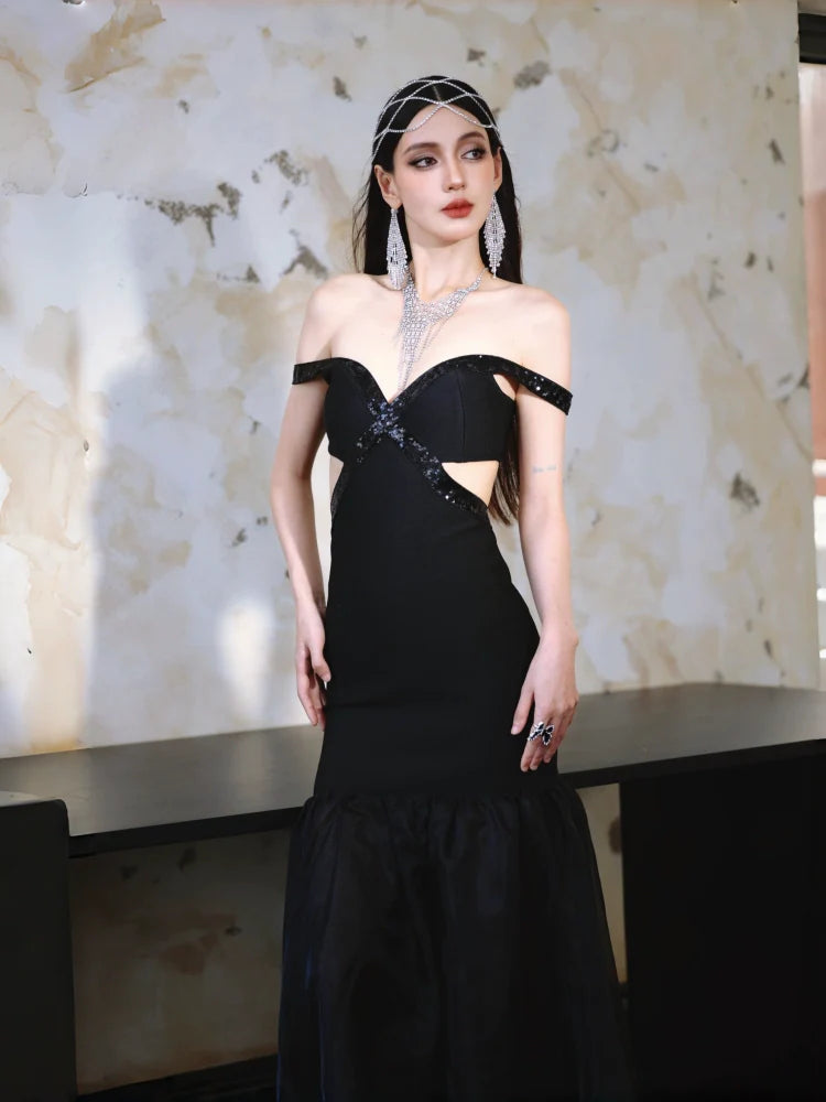 DOLLY High End Black Off Shoulder Sequin Tube Top Long Banquet Dress-Maris