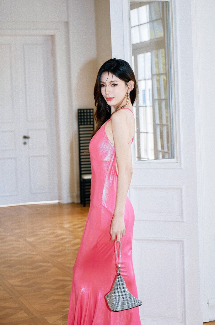 DOLLY Luxury Electric Pink Sleeveless Backless Body Hug Long Birthday Dress-SELA