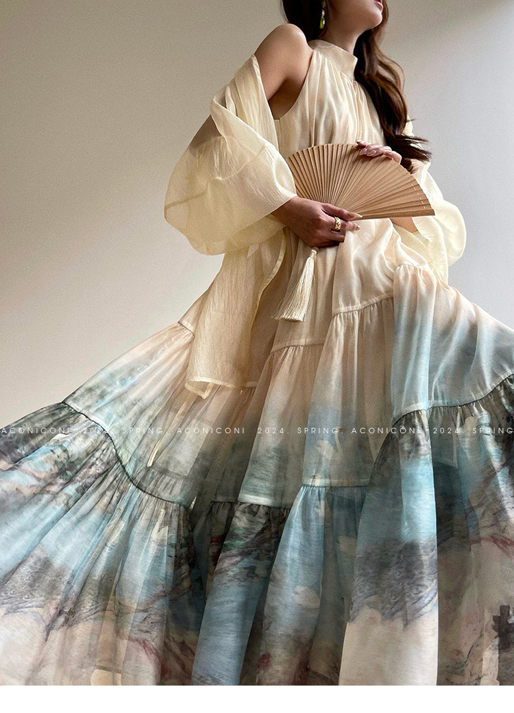 Aconiconi| Louvre Picture Reflection printed halter neck maxi skirt vacation dress - Miinia