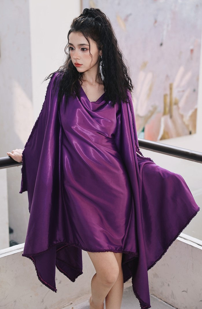 DOLLY Elegant Deep Purple Off Shoulder Swing Collar Short Party Dress-PREETI