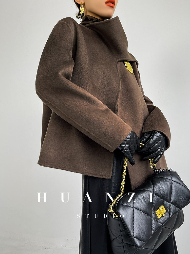 Huanzi wool tweed autumn winter short cashmere double-sided coat - Talfy