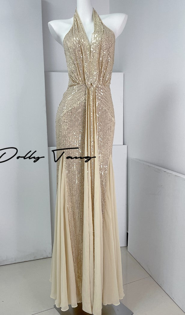 DOLLY Elegant Gold Sleeveless Halter Neck Long Fish Tail Banquet Dress- Carly