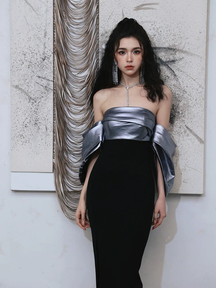 DOLLY High End Sliver/Black Off Shoulder strapless Long Cocktail Dress-MILAN