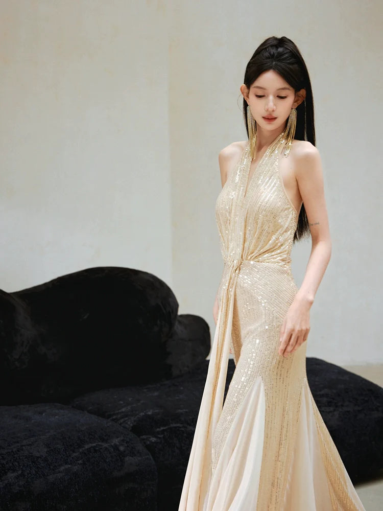 DOLLY Elegant Gold Sleeveless Halter Neck Long Fish Tail Banquet Dress- Carly