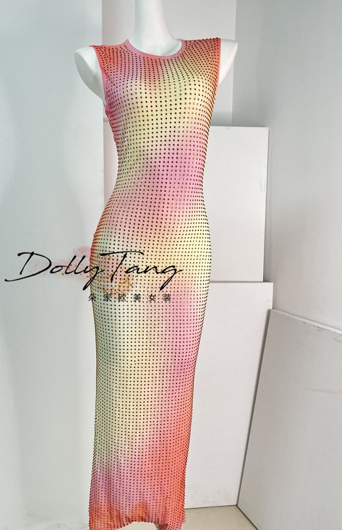 DOLLY High End Crew Neck Sleeveless Pink Gradient Dress-KILA