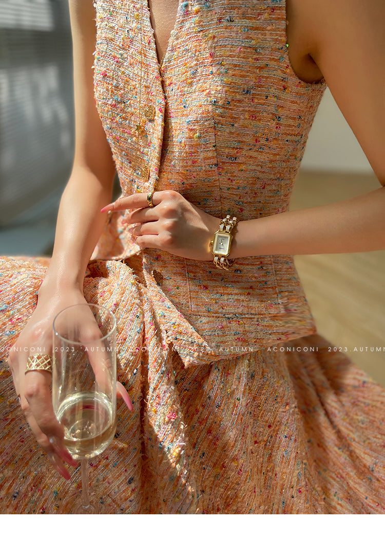 Aconiconi| Tweed, high-end vest, shirt,, high-waisted skirt - Anabelle