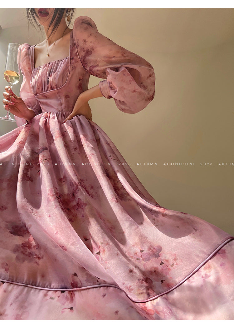 Aconiconi| French dress printed fairy long sleeves dress -Begonia Never Sleeps