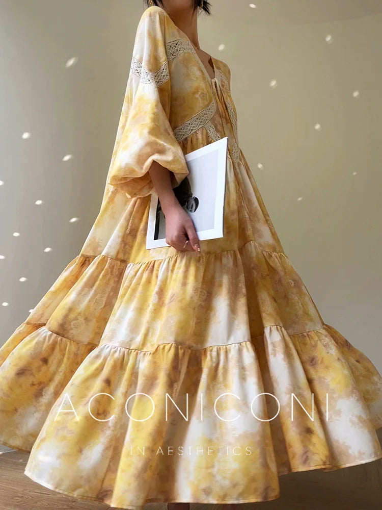 Aconiconi Luxury Yellow V-Neck Print Long Sleeve Loose Resort Dress- Huaye Mucheng