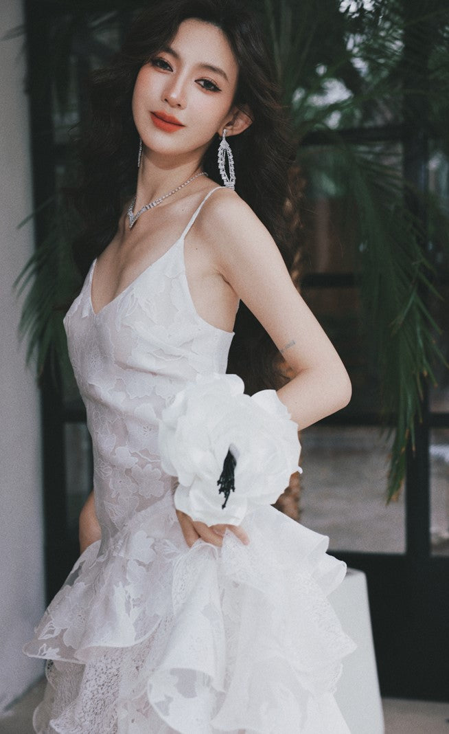 DOLLY Elegant White Flower Embroidery Lace Ruffle Layered Dinner Dress-DAISY (V)