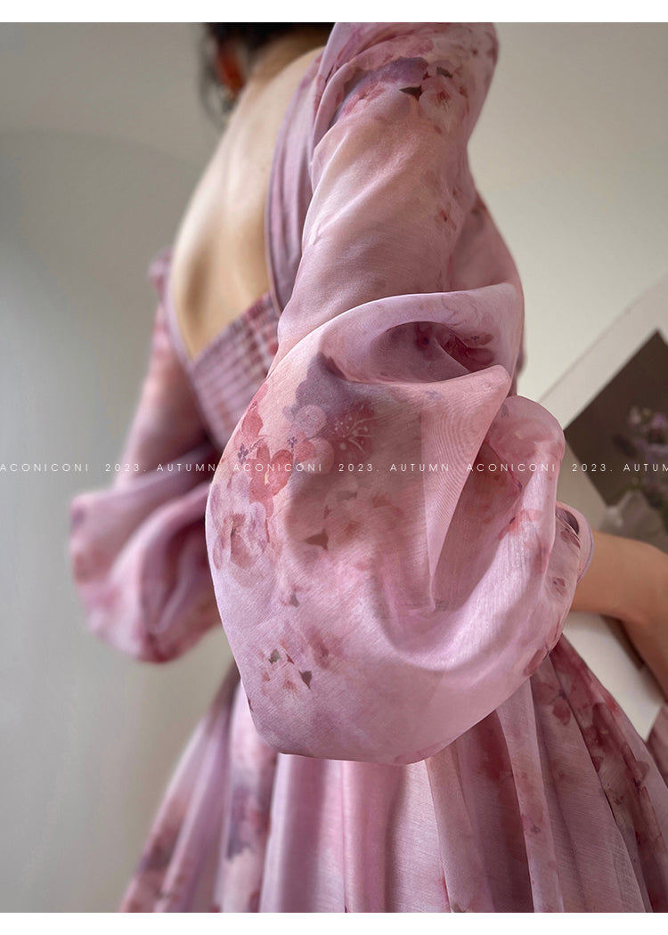Aconiconi| French dress printed fairy long sleeves dress -Begonia Never Sleeps
