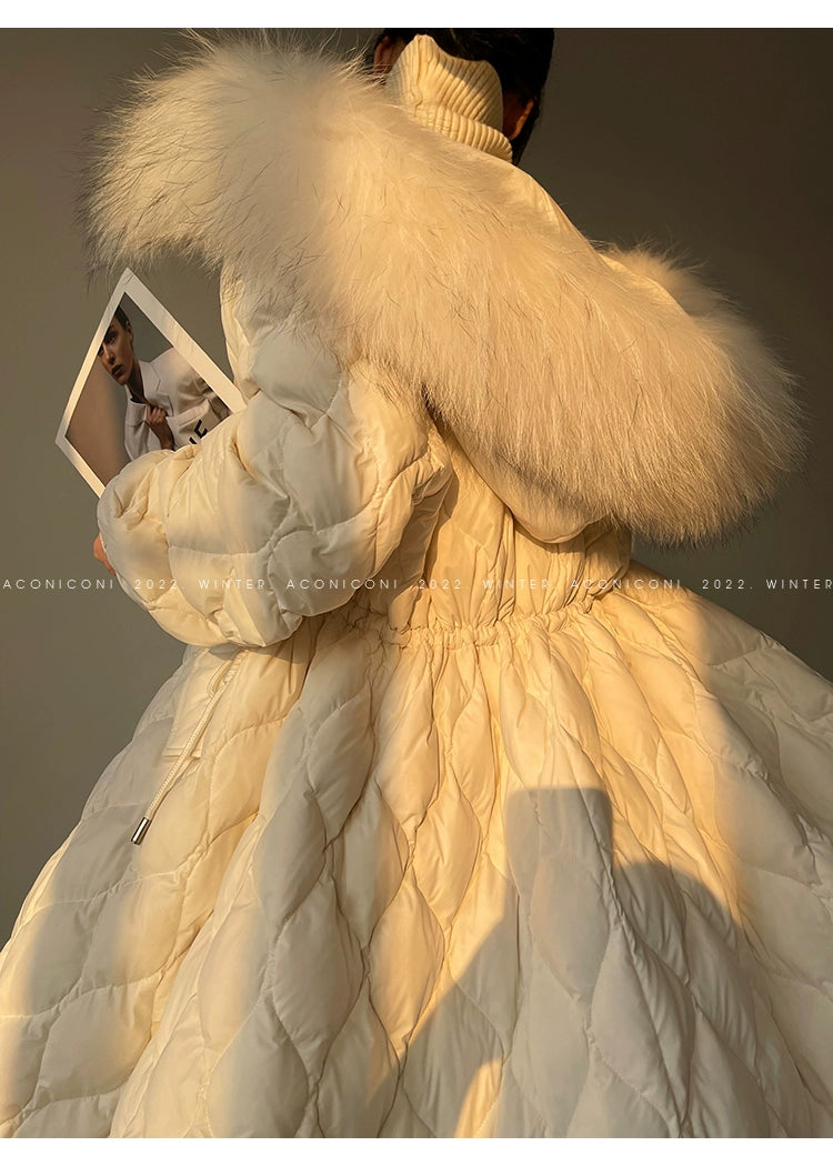 Aconiconi|0 White long Duck Down Winter Fur Collar High-End Jacket coat - Hexu