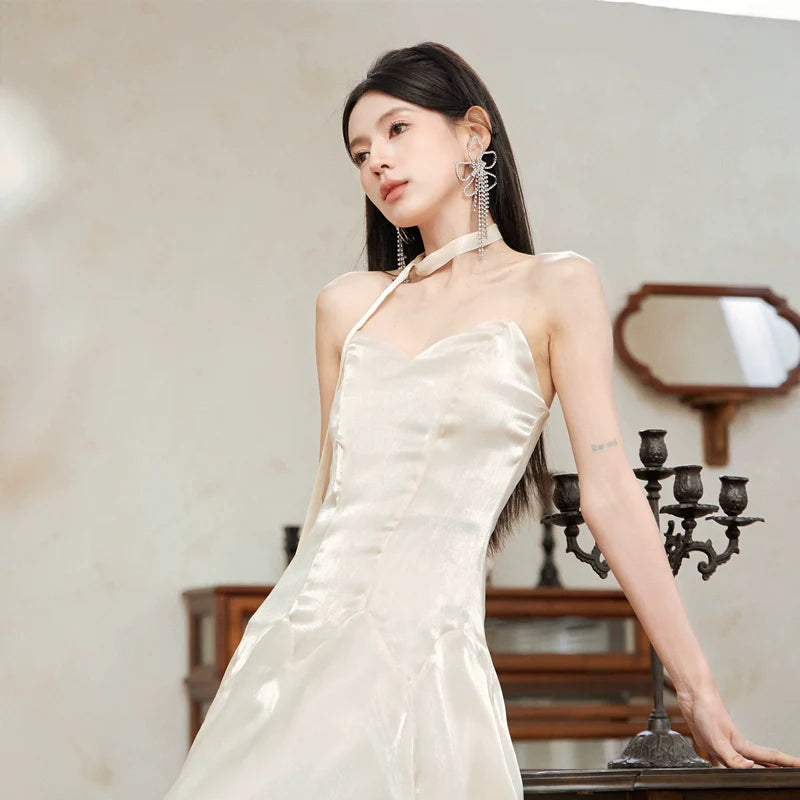 DOLLY High End Cream Sleeveless satin slip flow Wedding Dress-SONNI