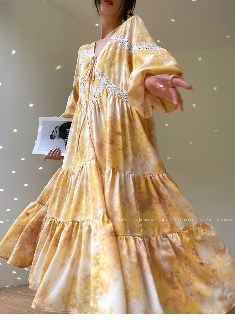 Aconiconi Luxury Yellow V-Neck Print Long Sleeve Loose Resort Dress- Huaye Mucheng