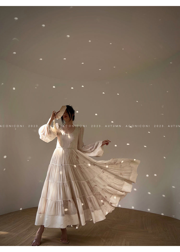 Aconiconi| French print fairy vacation loose chiffon long dress - Huanxi dream