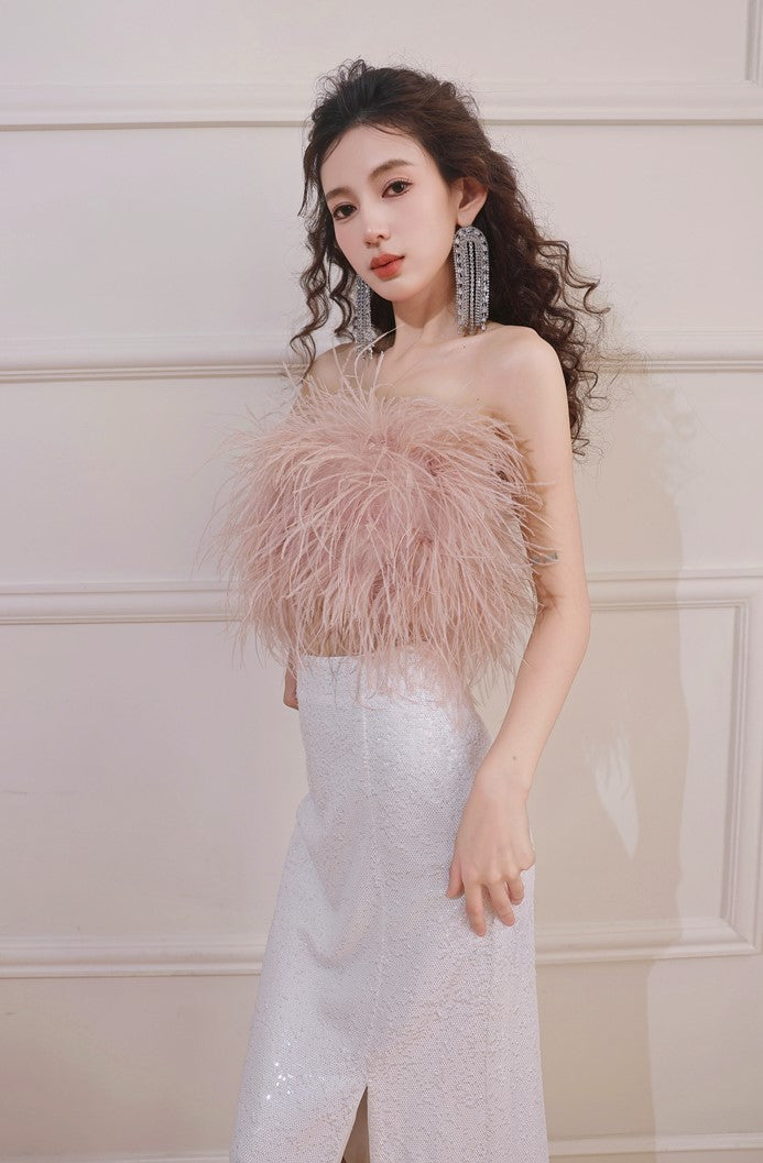 DOLLY Elegant Pink Fluffy Ostrich Feather Chic Tube Top-EMMA