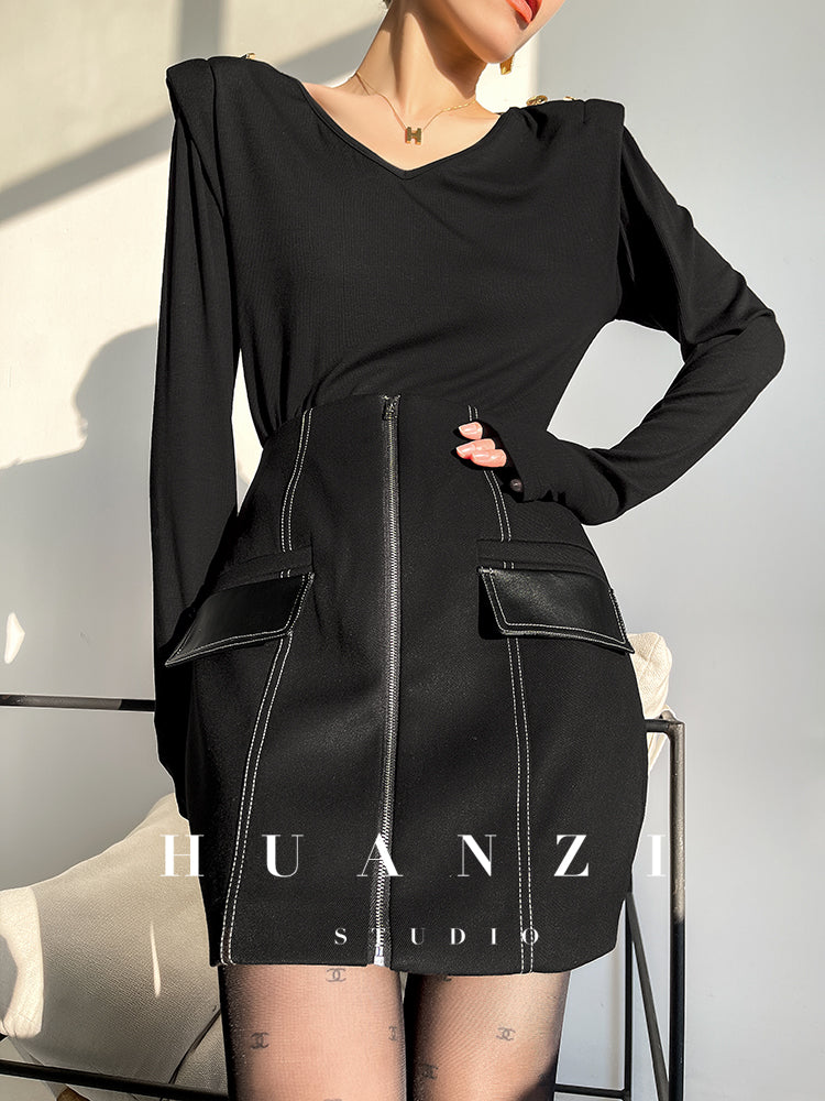 Huanzi Autumn winter foreign style zipper high-waist skirt - Riwre