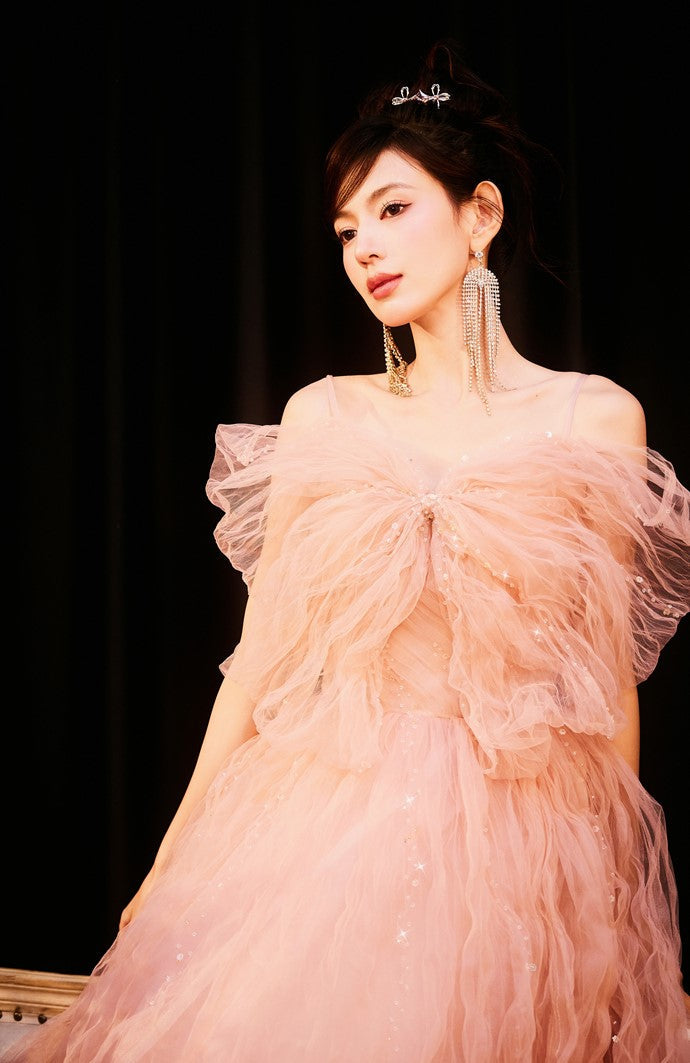 DOLLY Elegant Pink Sleeveless Big Bow Long Pleated Sequin Award Night Dress-CLEO (V)