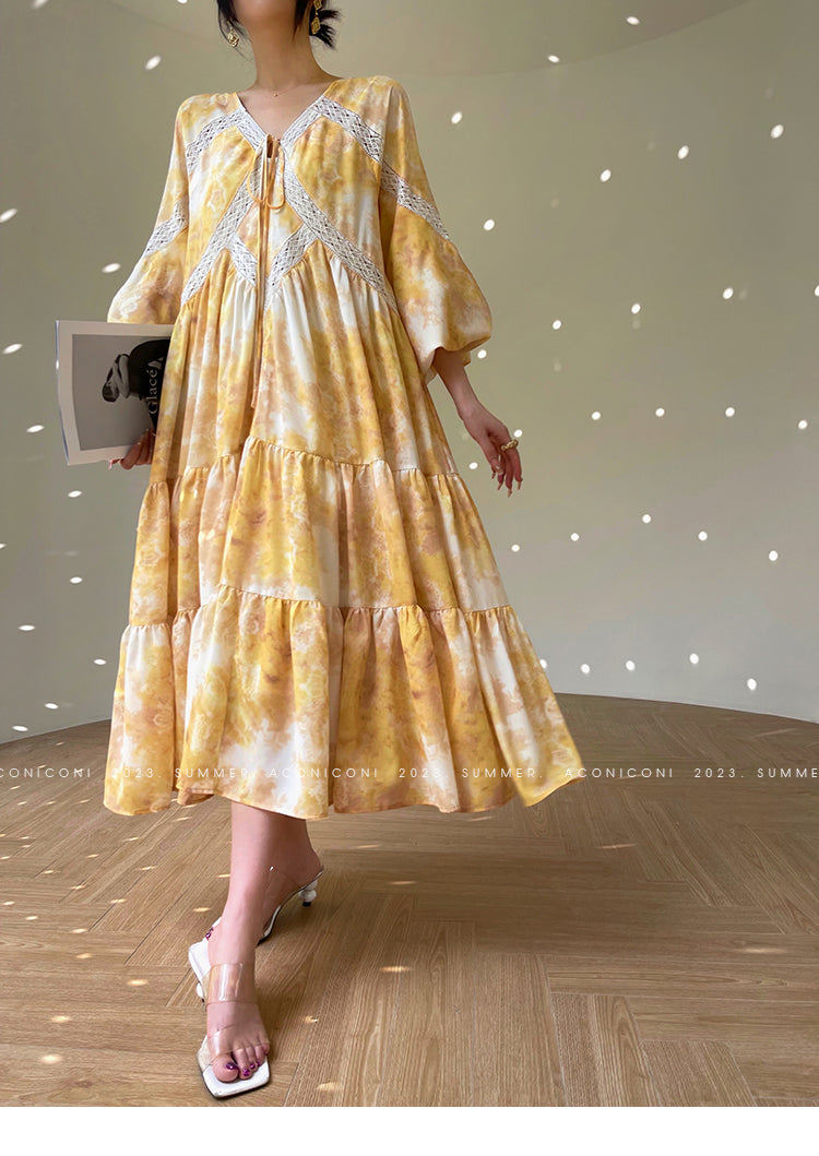 Aconiconi Luxury Yellow V-Neck Print Long Sleeve Loose Resort Dress- Huaye Mucheng