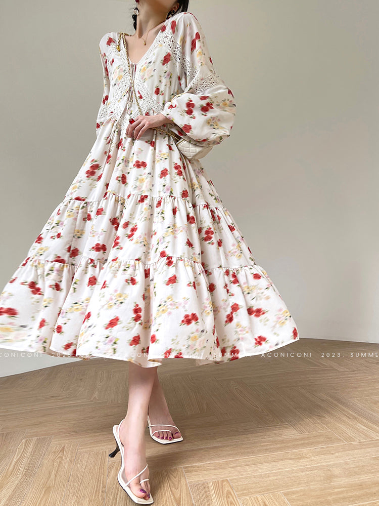 Aconiconi Luxury Yellow V-Neck Print Long Sleeve Loose Resort Dress- Huaye Mucheng