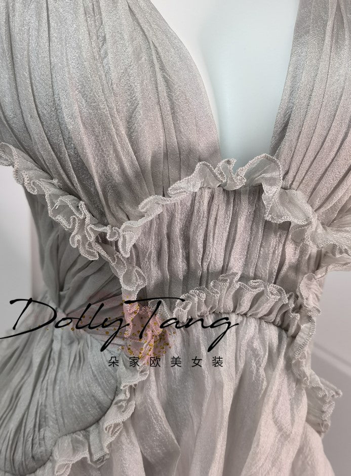 DOLLY Elegant Gray V-Neck Sleeveless Pleated Bandage Banquet Dress-MENA