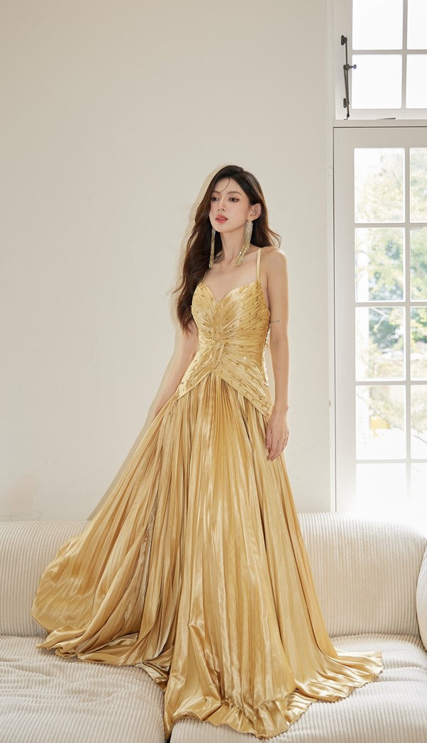 DOLLY Elegant Gold Sleeveless Beaded Pleated Large Swing Dress-GRACIA (V)