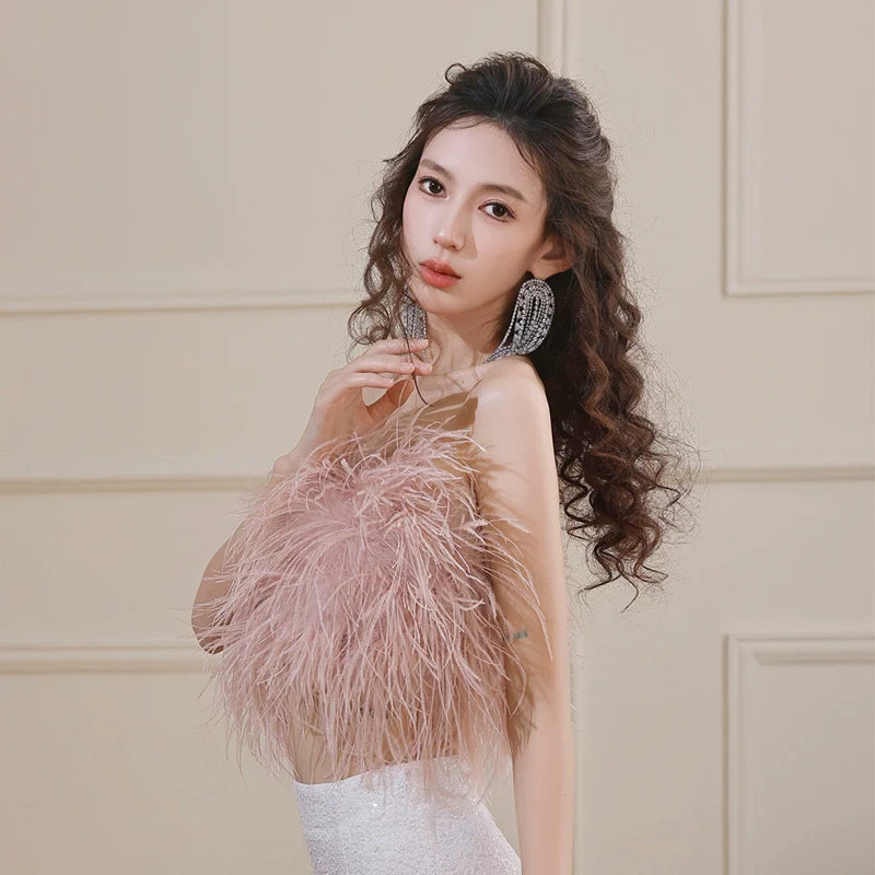 DOLLY Elegant Pink Fluffy Ostrich Feather Chic Tube Top-EMMA