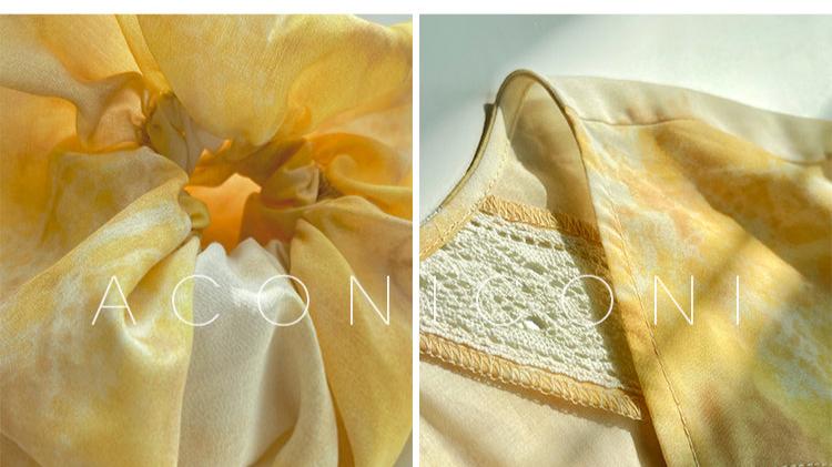 Aconiconi Luxury Yellow V-Neck Print Long Sleeve Loose Resort Dress- Huaye Mucheng