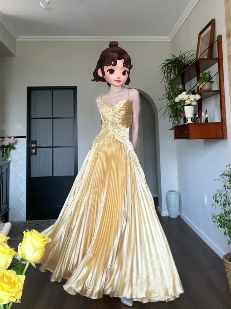 DOLLY Elegant Gold Sleeveless Beaded Pleated Large Swing Dress-GRACIA (V)
