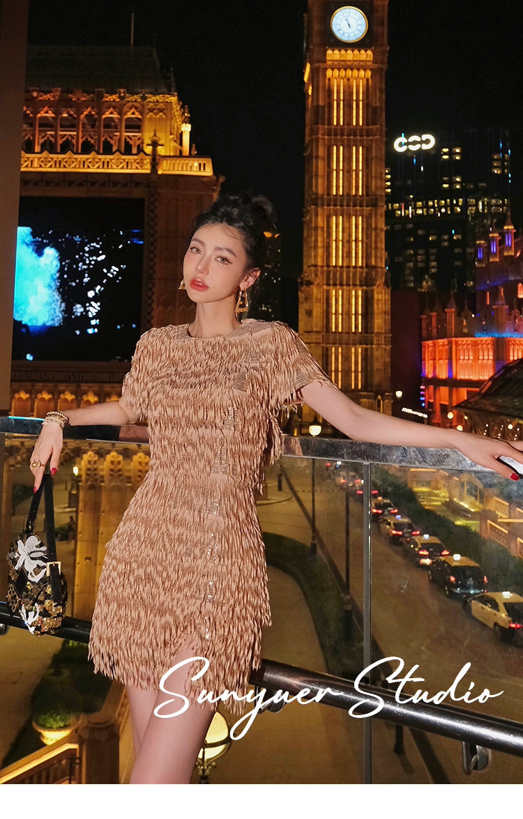 Quality Haute couture hand-cut tassel beaded pieces embroidered cocktail dress