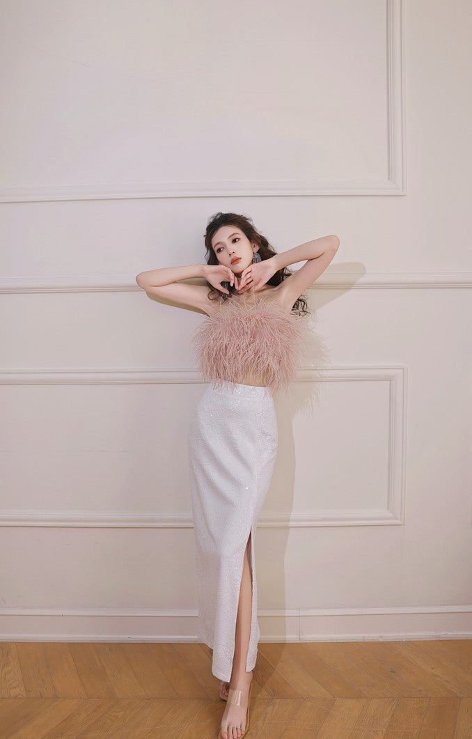 DOLLY Elegant Pink Fluffy Ostrich Feather Chic Tube Top-EMMA