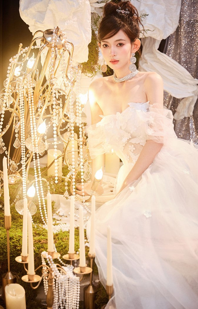 DOLLY Elegant White Off Shoulder Short Sleeve Flower Wedding Dress-SOPHIE (V)