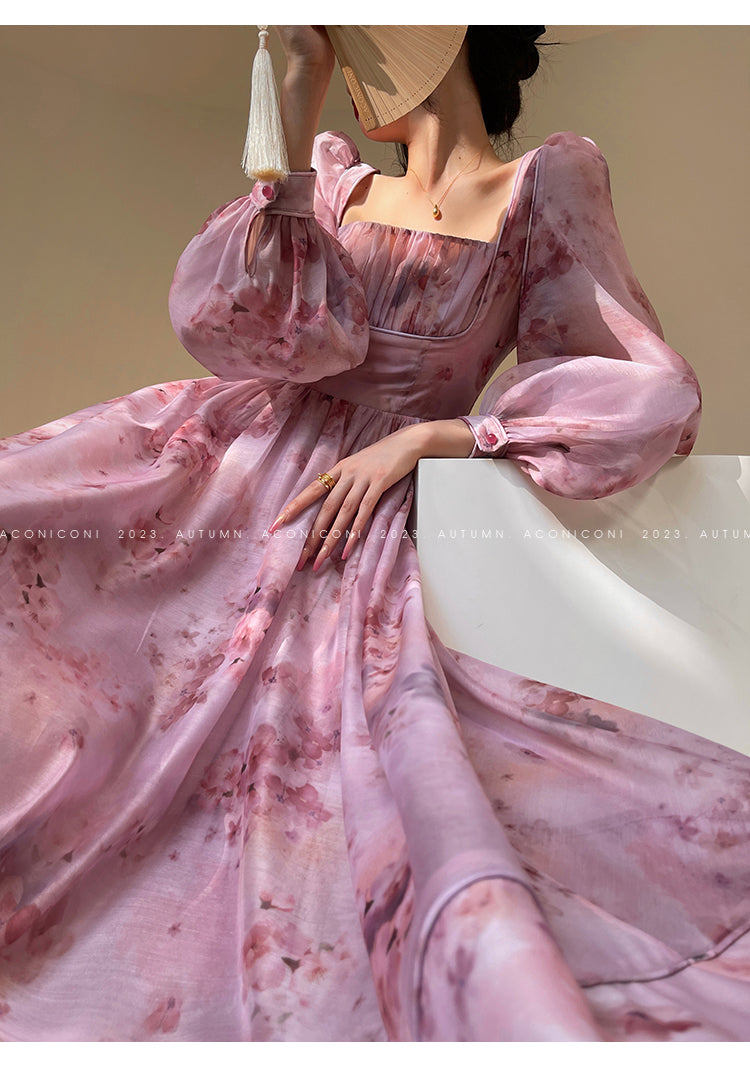 Aconiconi| French dress printed fairy long sleeves dress -Begonia Never Sleeps