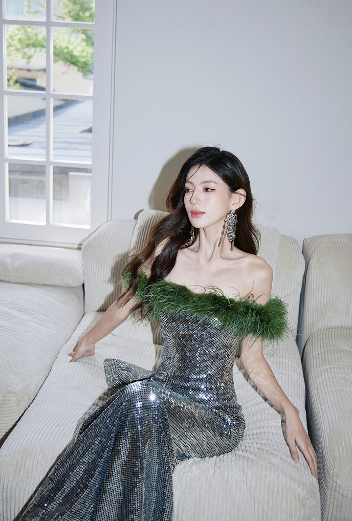 DOLLY Luxury Sliver Retro Style Green Feather Tube Top Long Glitter Party Dress-THEKLA