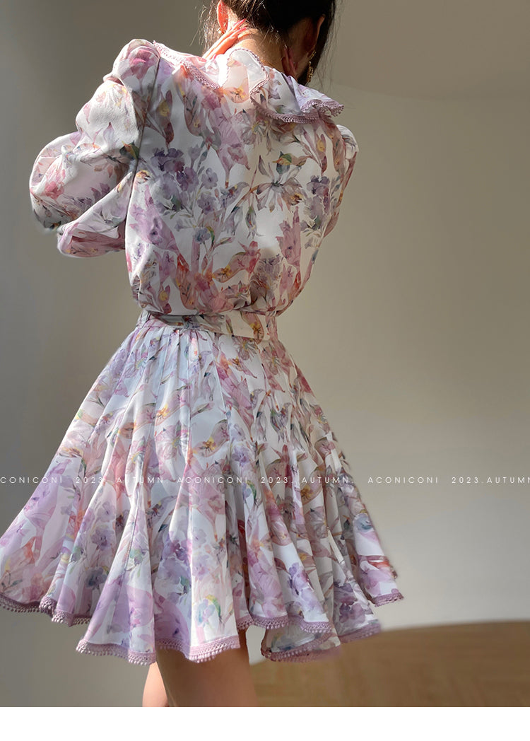 Aconiconi| High end designer printed top shirt + A-line skirt suit - Hyacinth