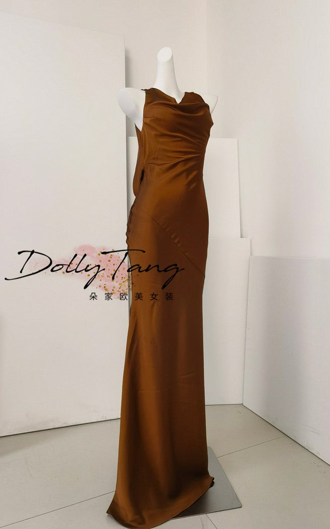 DOLLY Elegant Brown Retro Sleeveless Halter Neck Long Cocktail Dress-GIDDY
