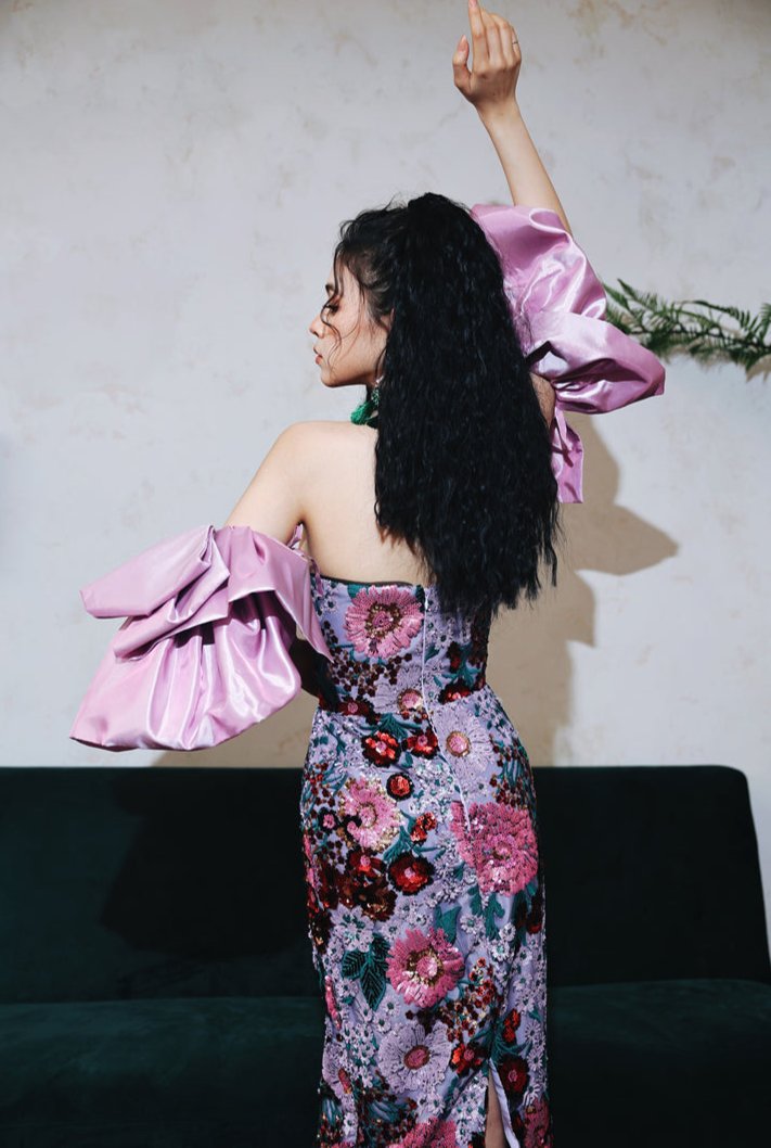 DOLLY Luxury Retro Purple Floral Embroidered Tube Top Long Sequin Party Dress-JOY