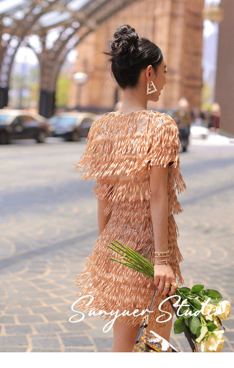 Quality Haute couture hand-cut tassel beaded pieces embroidered cocktail dress