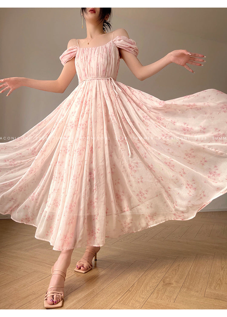 Aconiconi Broken floral slip birdgertons inspired loose dress -Fuso Hibiscus