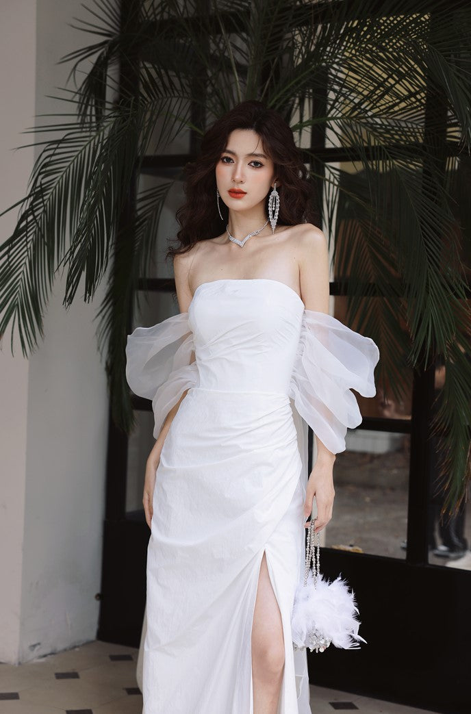 DOLLY Elegant White Off Shoulder Short Puff Sleeve High Waist Wedding Dress-NIKKA