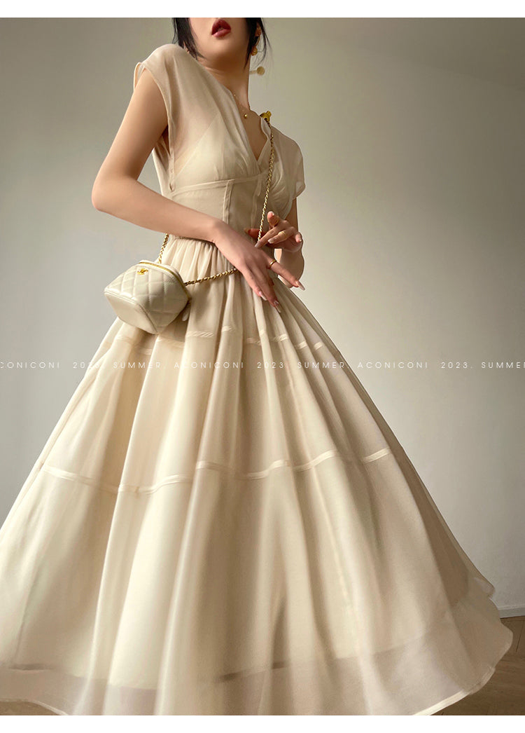 Aconiconi|high-end V-neck exquisite printed tea summer dress- Yufu fairy