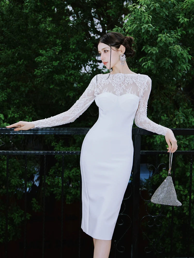 DOLLY Elegant White French Style Lace Long Sleeve Slim Fit Midi Wedding Dress-ZINA (V) *