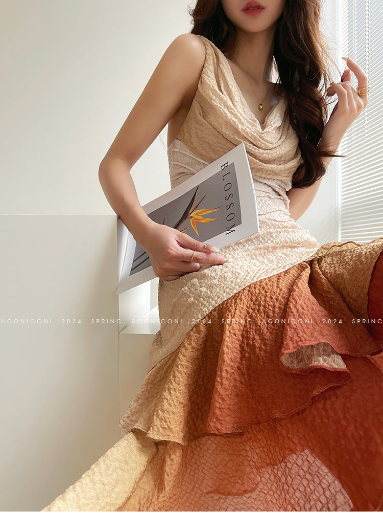 Aconiconi Luxury Sleeveless cowl neck ombre pleated hem Dress- Long Island Iced Tea