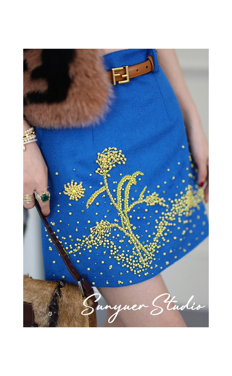 Blue autumn fall winter Wool hand-beaded yellow crystal stones top + skirt two-piece set