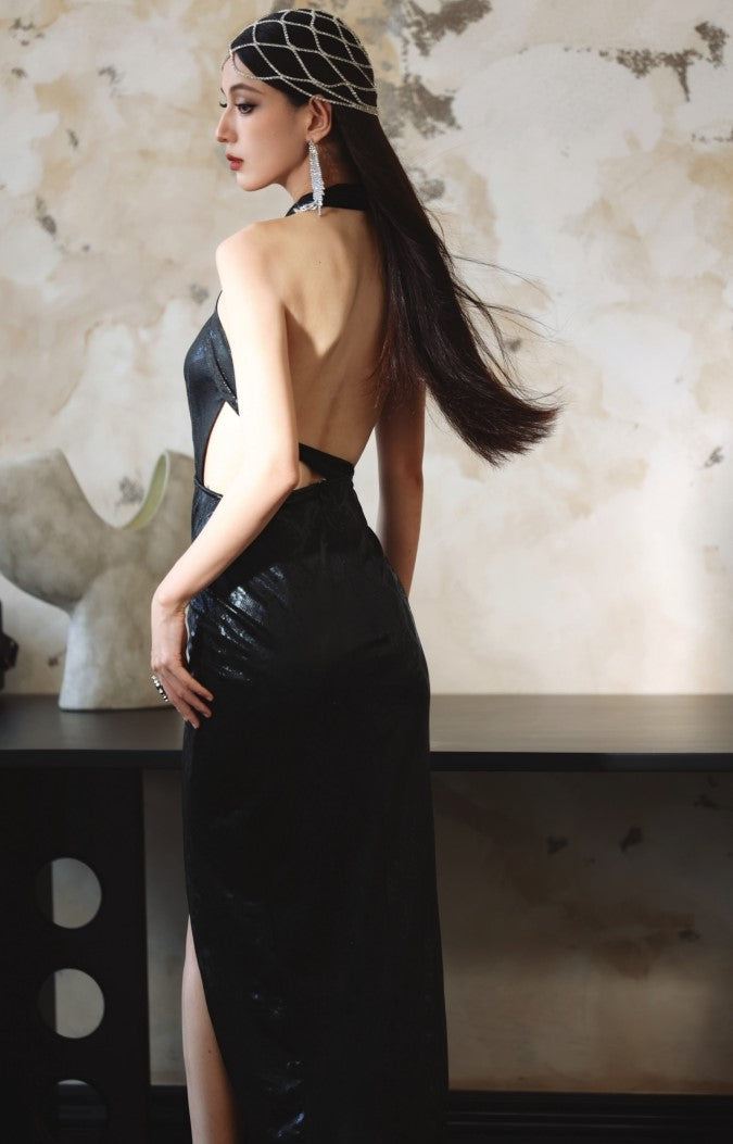 DOLLY Elegant Black Sleeveless Halter Neck Midi Slit Party Dress-Neya.
