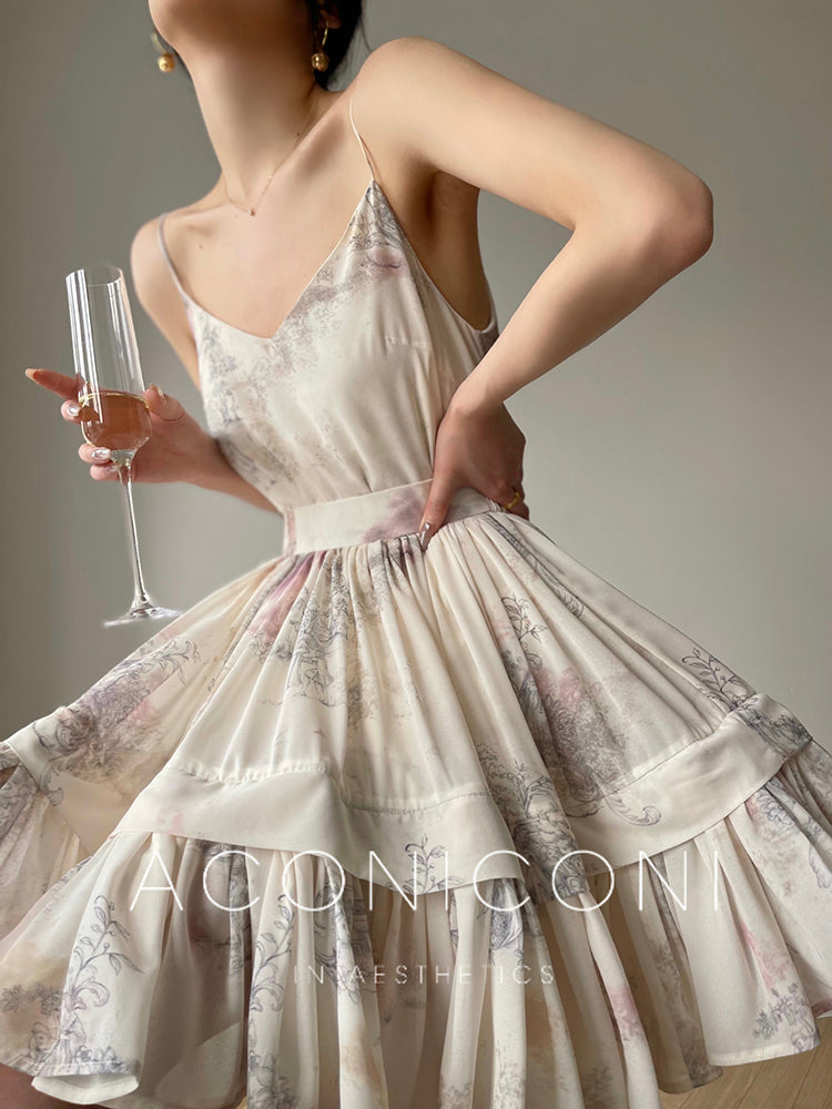 Aconiconi French puff short-sleeved shirt, tank layered printed skirt -  Kono's love letter