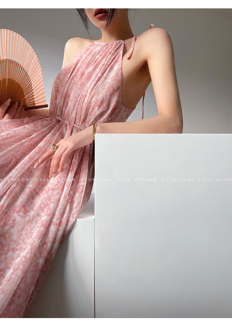 Aconiconi| halter-neck summer broken flowers vacation holiday style fairy dress - cherry blossom