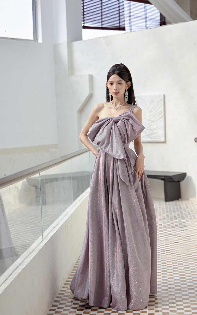 DOLLY Elegant Purple Off Shoulder Bow Sequin Long High Waist Cocktail Dress-TESSA (V)