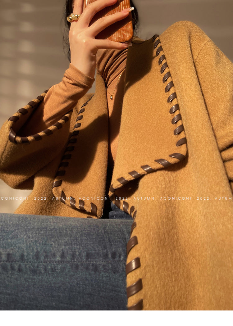Aconiconi| Full wool coat classic double-sided wool woven belt coat -Nocturne