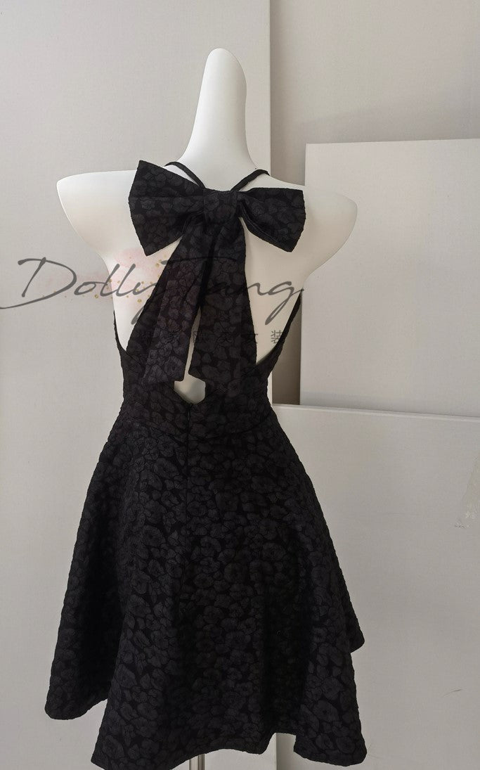 DOLLY Luxury Black Bow Halter Neck Backless High Waist Short Birthday Dress-Crystal