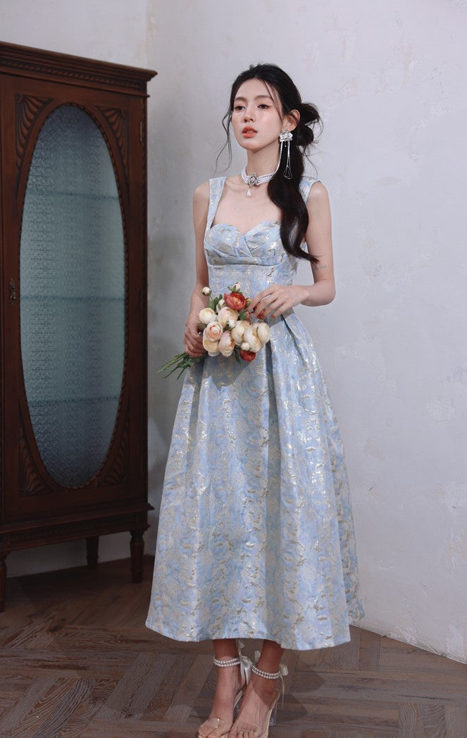 DOLLY Elegant Light Blue French High Waist Long A-Line jacquard Dress- Piere